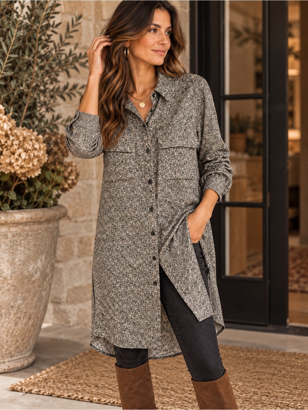 Joe Fresh Shirt Dress Medium Lightweight Flowy Black Cream Button Front